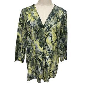 Piaza Italia Snake Print V-Neck Tunic Blouse Sz M‎ Green Yellow 3/4 Sleeve NWT